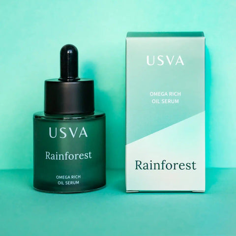 2. Usva Cosmetics Rainforest Omega Rich Oil Serum with packaging on a green background