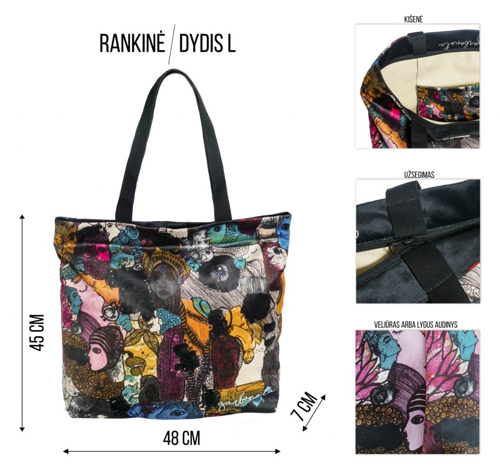 2. Women's black HANDBAG SIUZANA by Garbanota with artistic print, worn by model outdoors
