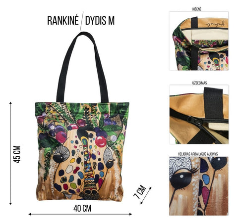 4. Medium size black HANDBAG SIUZANA by Garbanota with colorful artistic print, showing dimensions and features