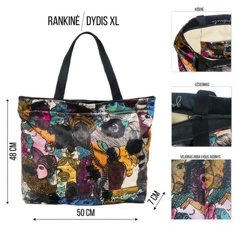 5. Extra-large black HANDBAG SIUZANA by Garbanota with colorful artistic print, showing dimensions and features