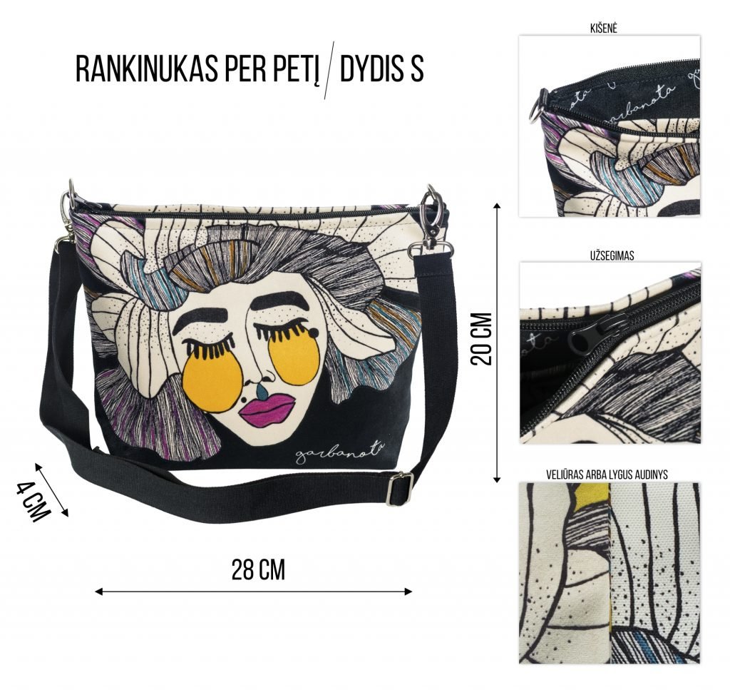 9. Size chart for Garbanota shoulder bag with mermaid artwork, showing dimensions and details