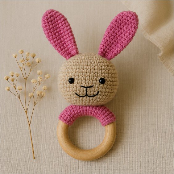 1. Handmade pink crocheted bunny rattle with natural wooden ring on beige fabric background, featuring safety eyes and stitched smile, ideal for babies and teething