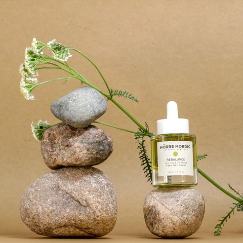 1. Nörre Nordic REBALANCE Face Oil Serum with Arctic herbs, shown with natural stones and flowers