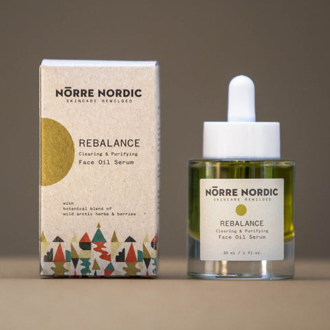 2. Nörre Nordic REBALANCE Face Oil Serum with packaging, highlighting botanical blend