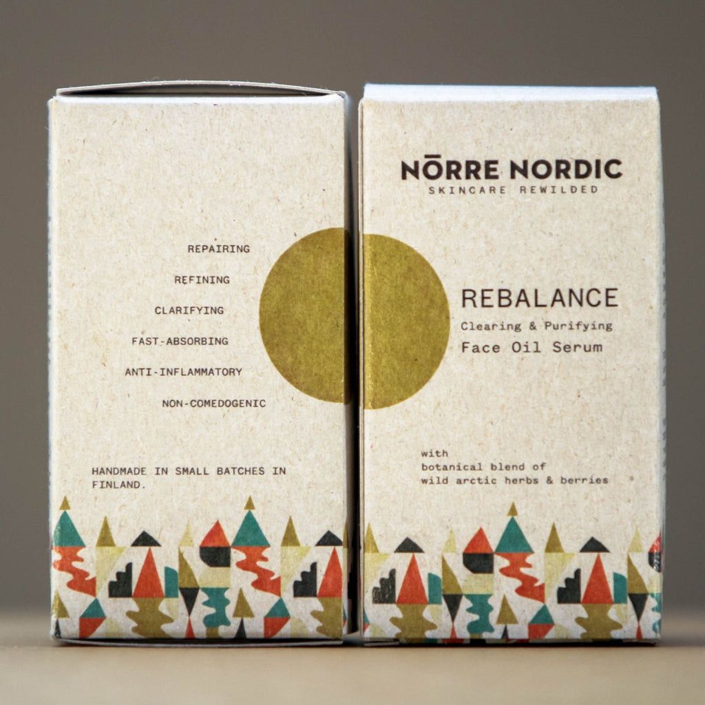 3. Close-up of Nörre Nordic REBALANCE Face Oil Serum packaging with product benefits