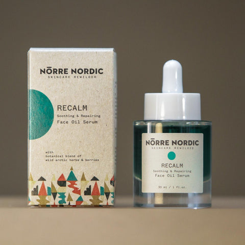 3. Nörre Nordic RECALM Face Oil Serum with packaging, highlighting botanical blend