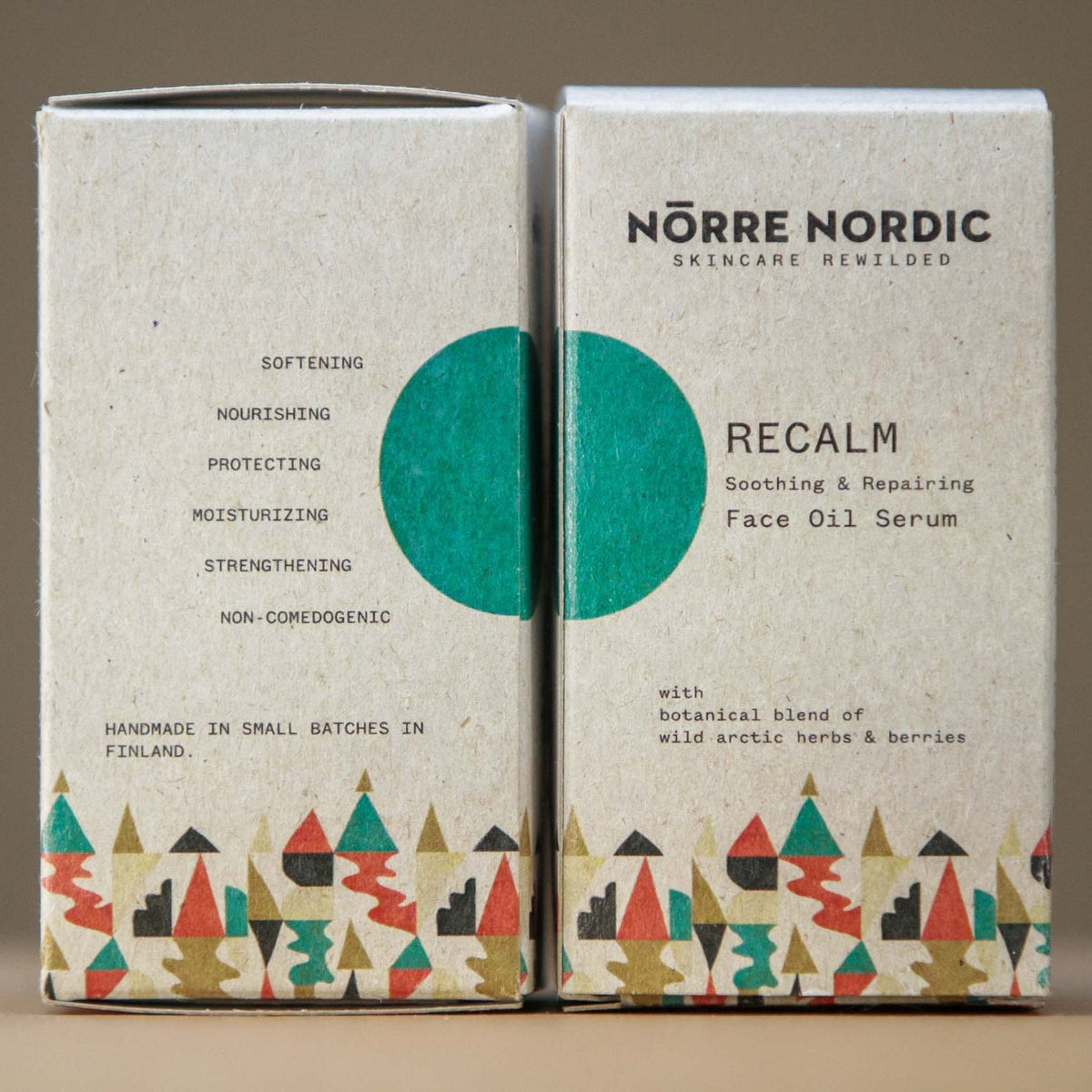 4. Packaging of Nörre Nordic RECALM Face Oil Serum, showing product benefits