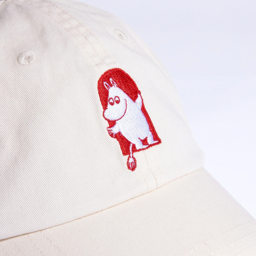 3. Close-up of Moomin character embroidery on Moomin by NordicBuddies Red Cross Adult Cap in white
