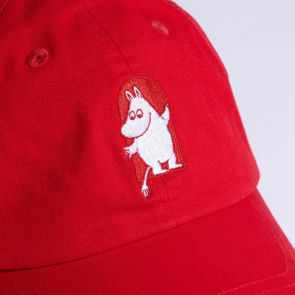 2. Close-up of Moomin character embroidery on red cotton cap by NordicBuddies