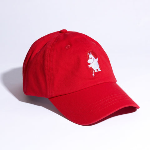 1. Moomin by NordicBuddies red cotton cap with embroidered Moomin character, shown in studio setting