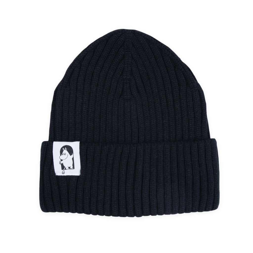 1. Black Moomin by NordicBuddies Red Cross Beanie for adults, featuring ribbed acrylic knit and Moomin character patch, studio shot