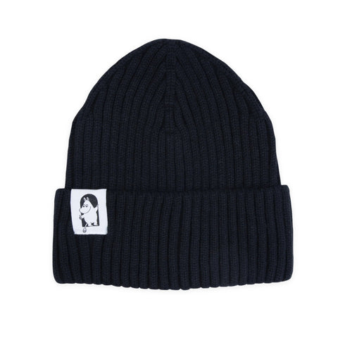 1. Black Moomin by NordicBuddies Red Cross Beanie for adults, featuring ribbed acrylic knit and Moomin character patch, studio shot