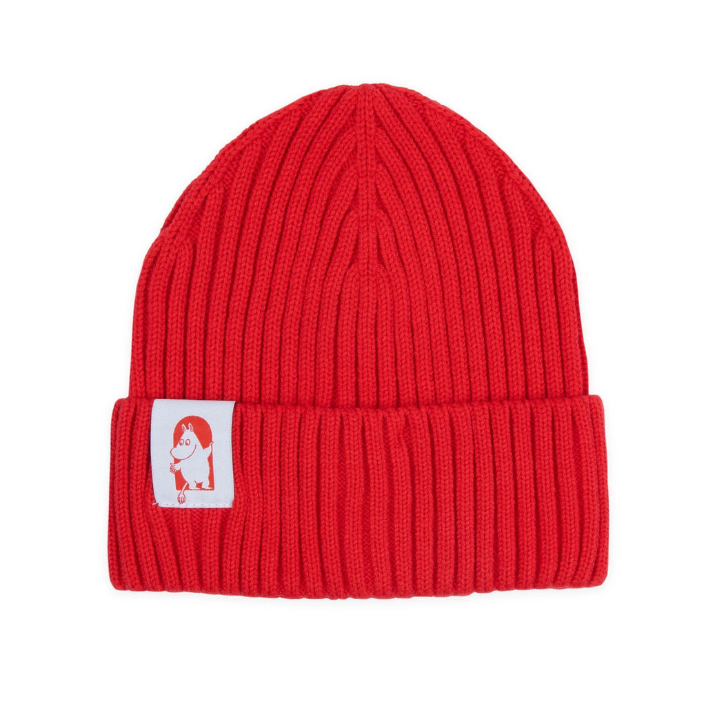 1. Red Cross Beanie for adults by Moomin, featuring ribbed acrylic knit and Moomin character patch, studio shot