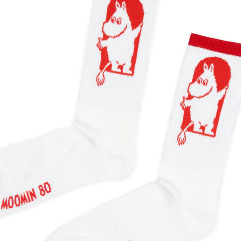 2. Close-up of men's Moomin by NordicBuddies Red Cross socks highlighting red Moomin design and 'Moomin 80' text