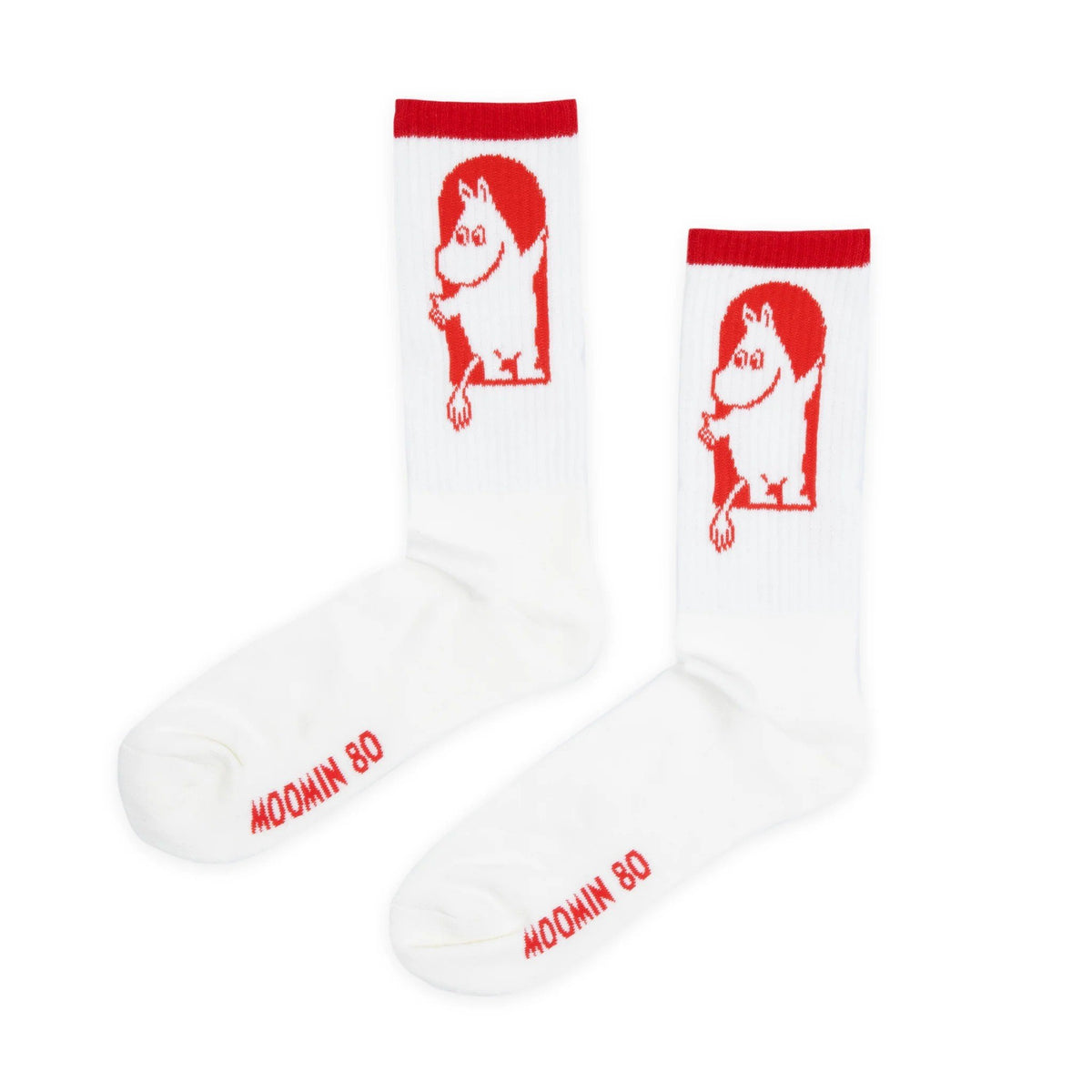 1. Men's Moomin by NordicBuddies Red Cross socks in white with red Moomin design, shown in studio