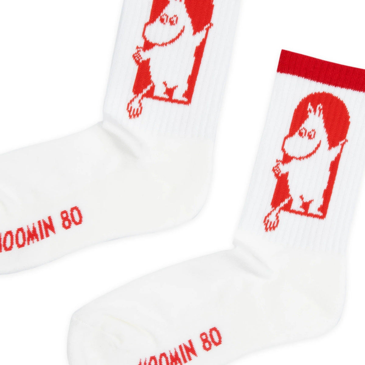 2. Close-up of women's Red Cross Socks by Moomin, highlighting Moomin character design and 'Moomin 80' text