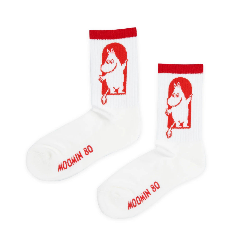 1. Women's Red Cross Socks by Moomin, featuring Moomin character and 'Moomin 80' text, shown in studio setting