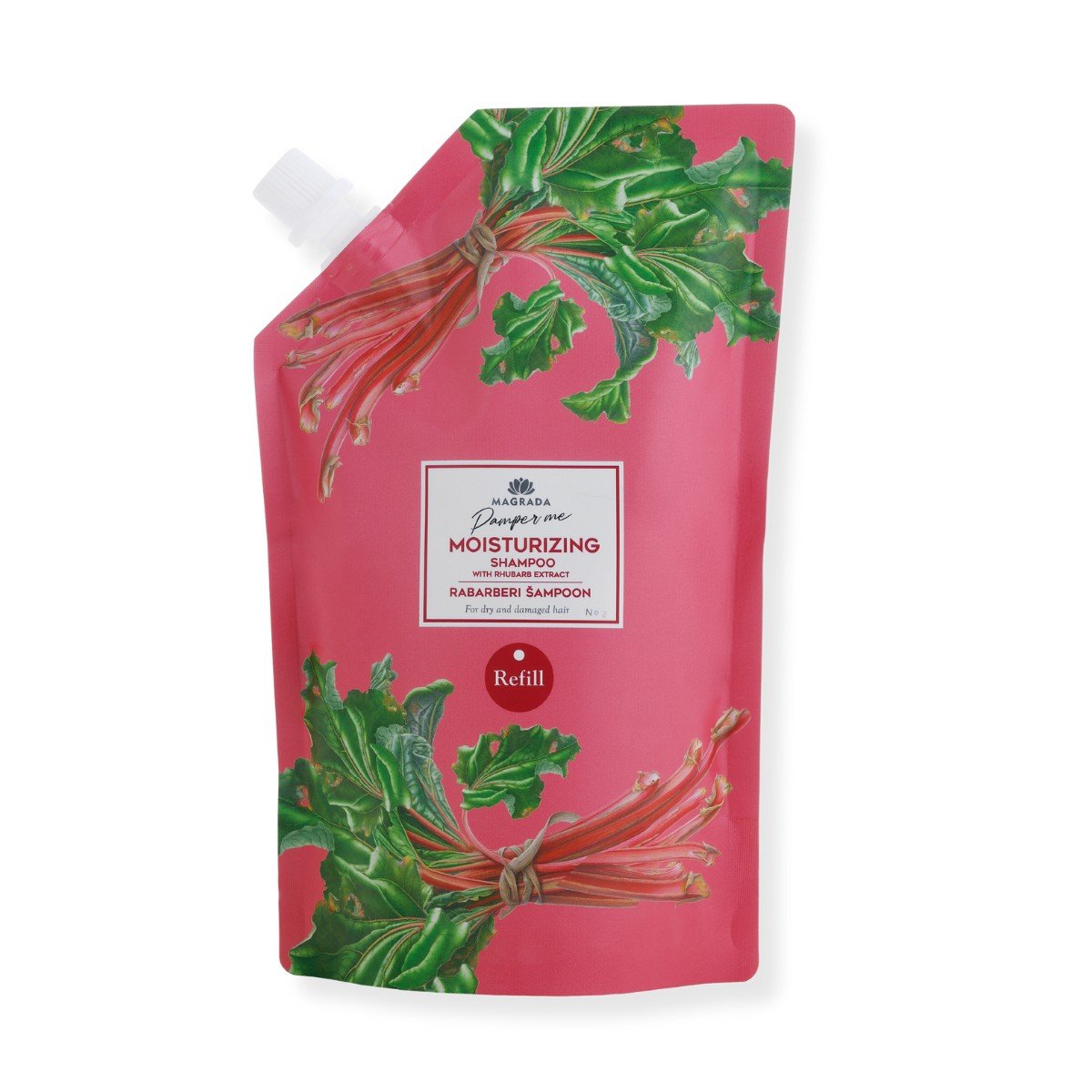 3. Studio shot of Magrada Organic Cosmetics rhubarb shampoo refill pack, featuring vibrant rhubarb design