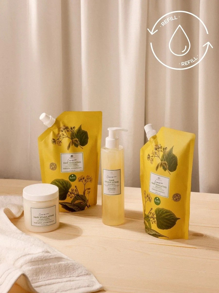 2. Magrada Organic Cosmetics Linden Flower Shampoo refill pack with Nordic Birch Extract, 500ml, alongside other hair care products