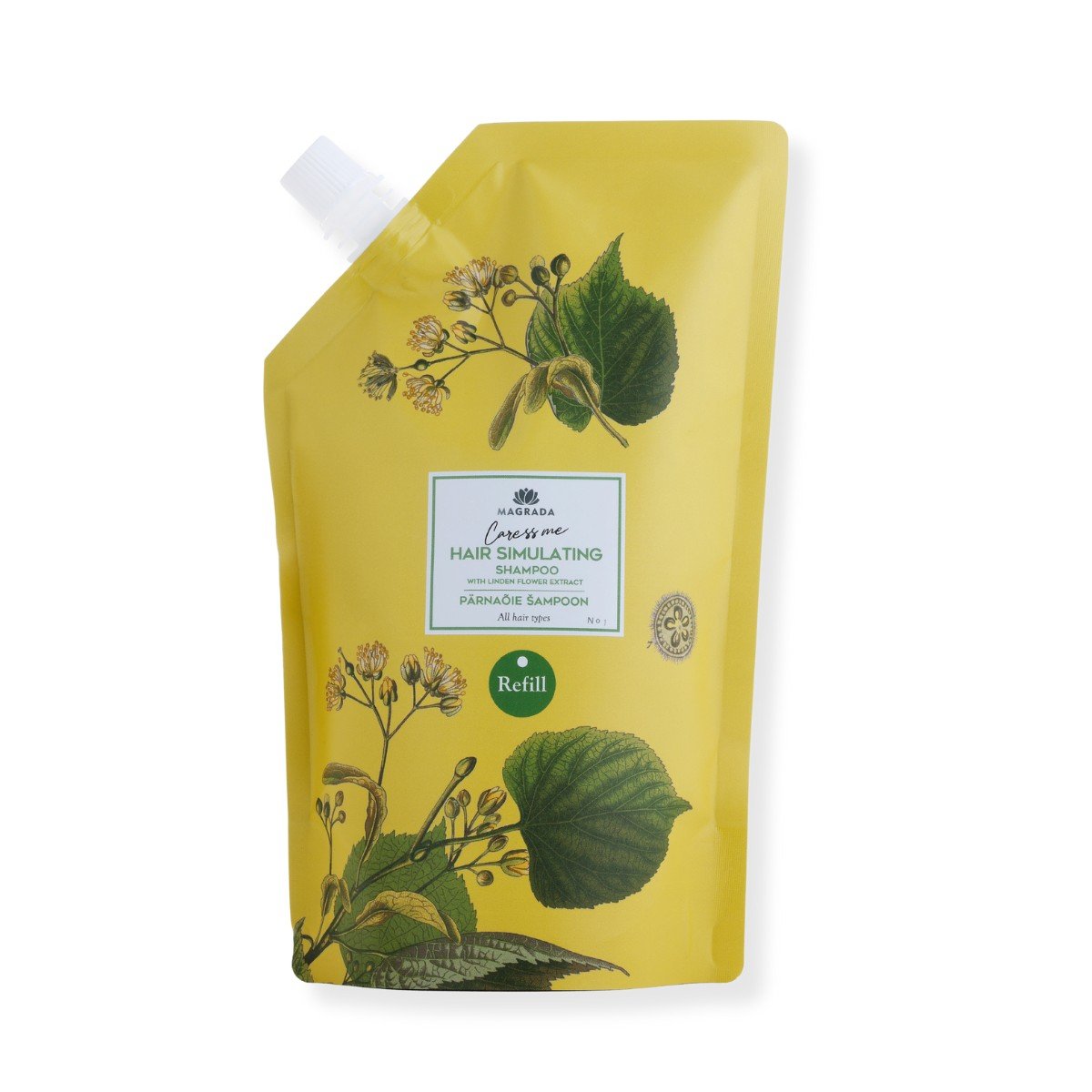 6. Studio image of Magrada Organic Cosmetics Linden Flower Shampoo refill pack with Nordic Birch Extract, 500ml