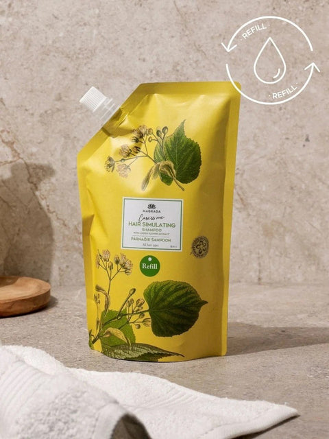 1. Magrada Organic Cosmetics Linden Flower Shampoo refill pack with Nordic Birch Extract, 500ml, shown in a lifestyle setting