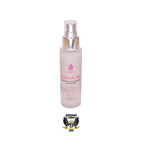3. Award-winning Tilk! Refresh Me Probiotic Facial Toner with Organic Rose Water, 50ml, shown with Buduaar Lemmik 2019 badge