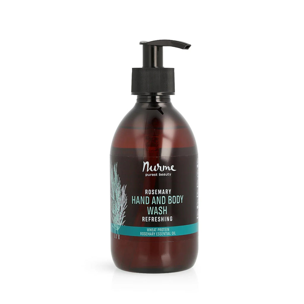 2. Nurme Refreshing Rosemary Hand and Body Wash in 300 ml bottle with pump, featuring rosemary illustration on label, studio background