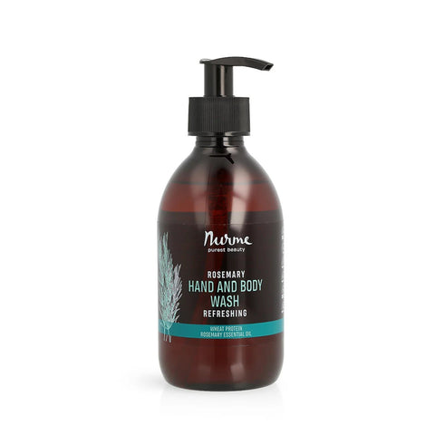 2. Nurme Refreshing Rosemary Hand and Body Wash in 300 ml bottle with pump, featuring rosemary illustration on label, studio background