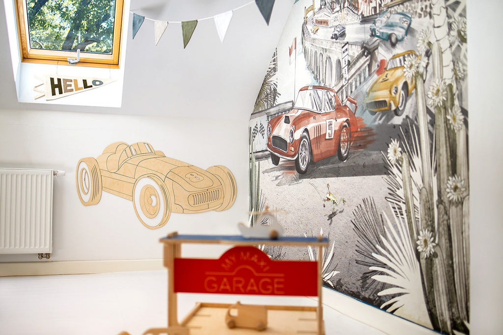 4. Children's room with wooden retro car wall decoration and illustrated car mural