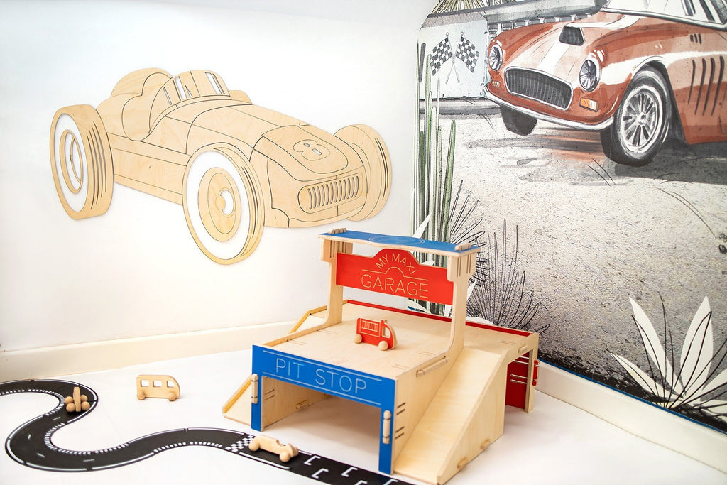 5. Wooden retro car wall decoration in children's room with play garage and car track