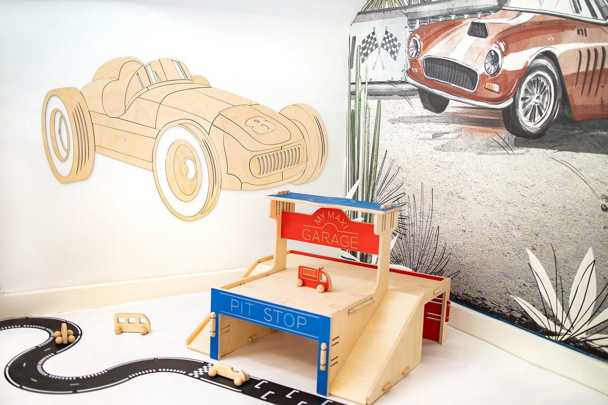 5. Wooden retro car wall decoration in children's room with play garage and car track
