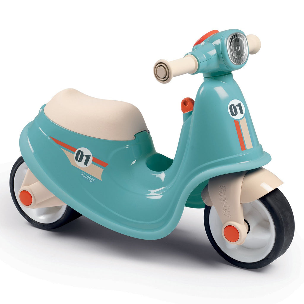 2. Blue retro ride-on scooter for kids with beige seat and number 01 decal, shown in studio setting