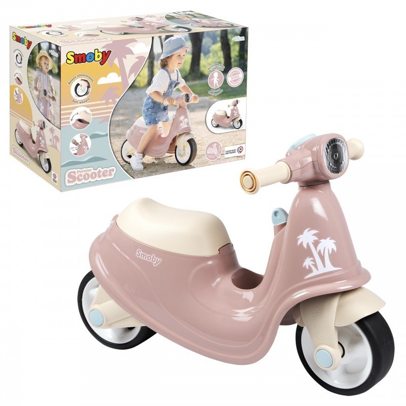 2. Pink Smoby retro ride-on scooter with palm tree design shown with packaging box