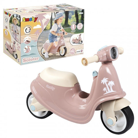 2. Pink Smoby retro ride-on scooter with palm tree design shown with packaging box