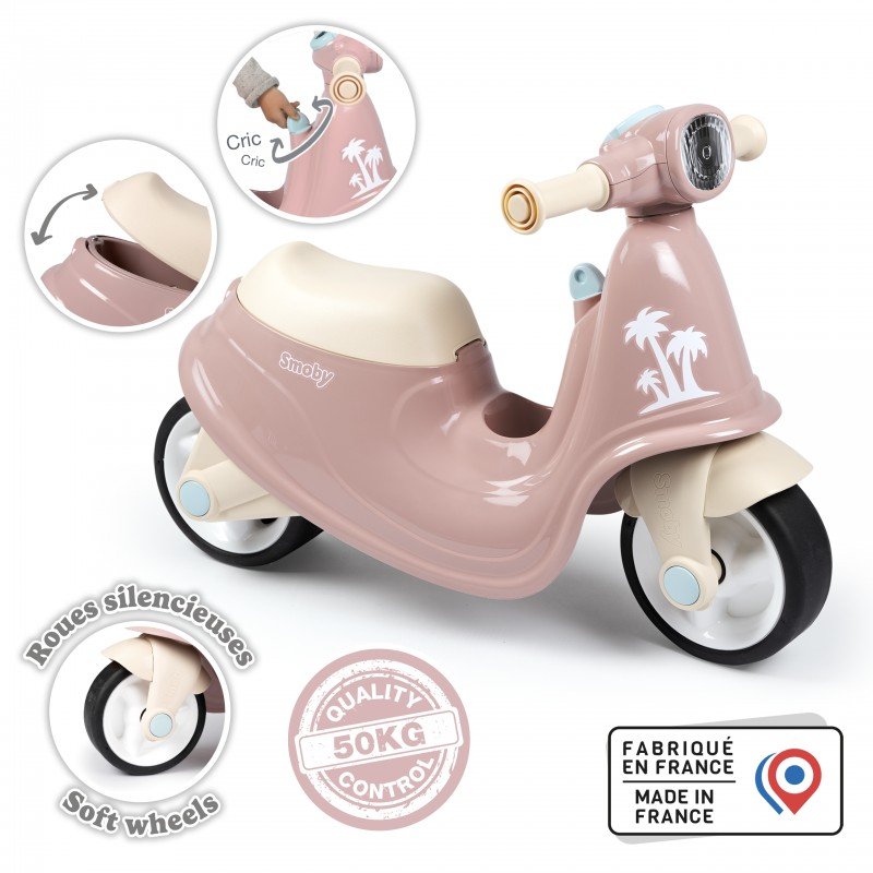 3. Close-up of pink Smoby retro ride-on scooter highlighting soft wheels and underseat storage