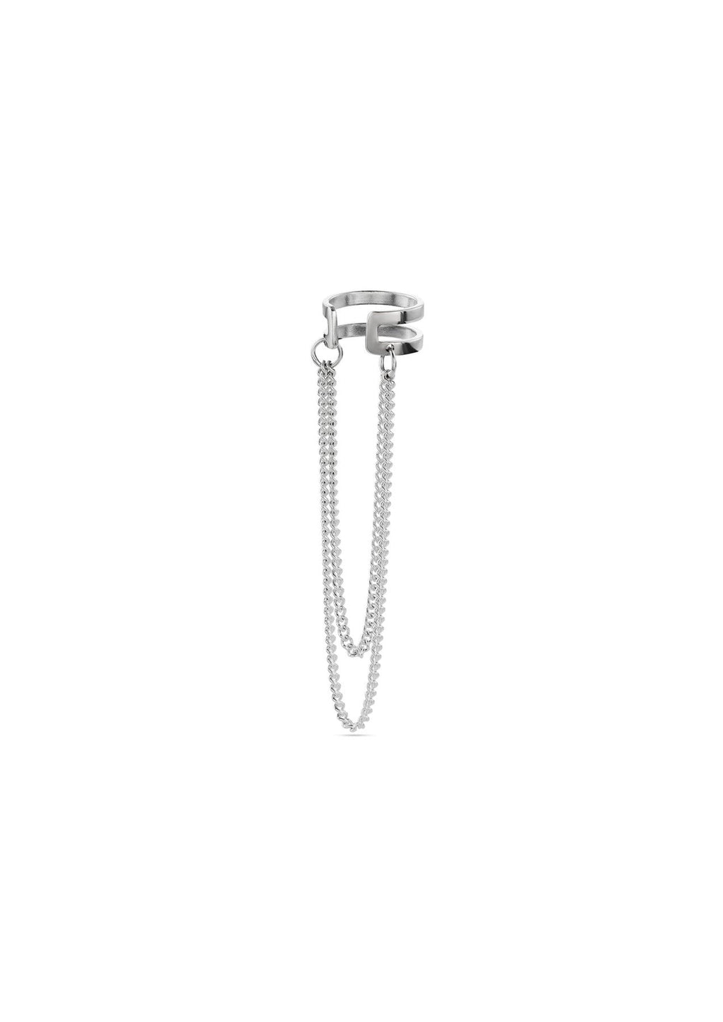 4. Studio image of NO MORE Revolve silver ear cuff with double chain, shown from side
