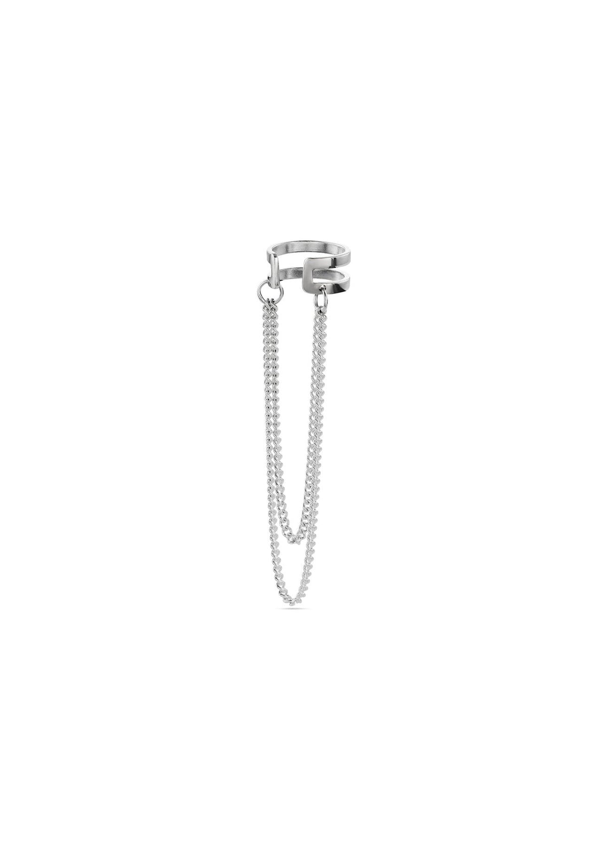 4. Studio image of NO MORE Revolve silver ear cuff with double chain, shown from side