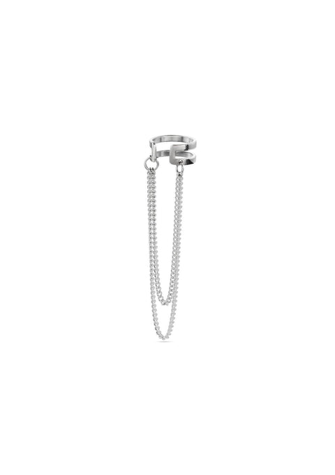 4. Studio image of NO MORE Revolve silver ear cuff with double chain, shown from side