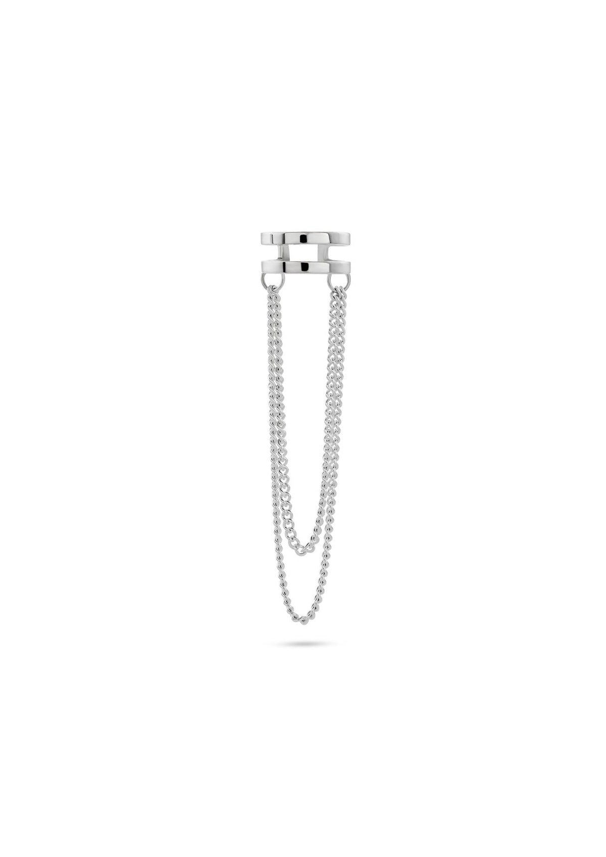 3. Studio image of NO MORE Revolve silver ear cuff with double chain, shown from front