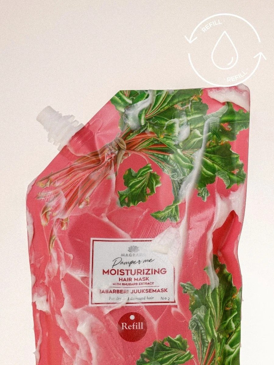 2. Close-up of Magrada Organic Cosmetics rhubarb hair mask refill with moisturizing label
