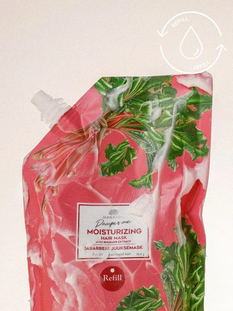 2. Close-up of Magrada Organic Cosmetics rhubarb hair mask refill with moisturizing label