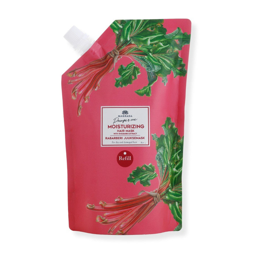 5. Studio image of Magrada Organic Cosmetics rhubarb hair mask refill, pink packaging with rhubarb design
