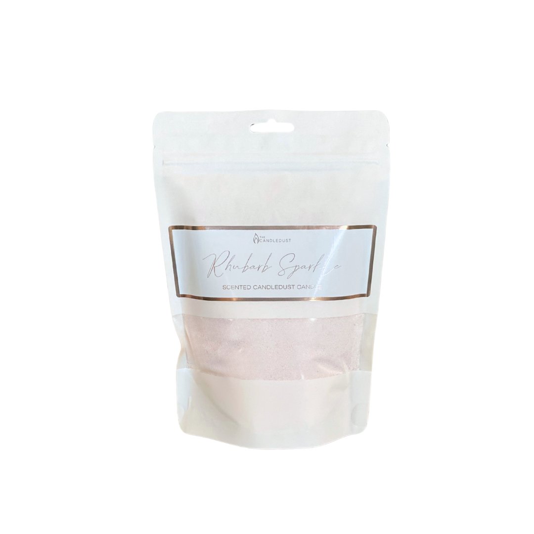 1. Candledust Rhubarb Sparkle powdered candle refill kit in eco-friendly packaging