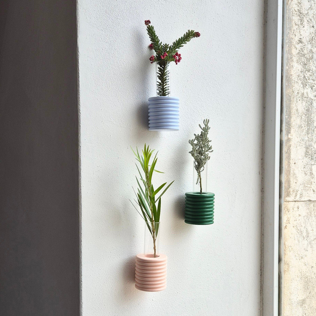 3. Trio of Ribble Wall Vases in light blue, green, and pink, displayed with plants on a wall