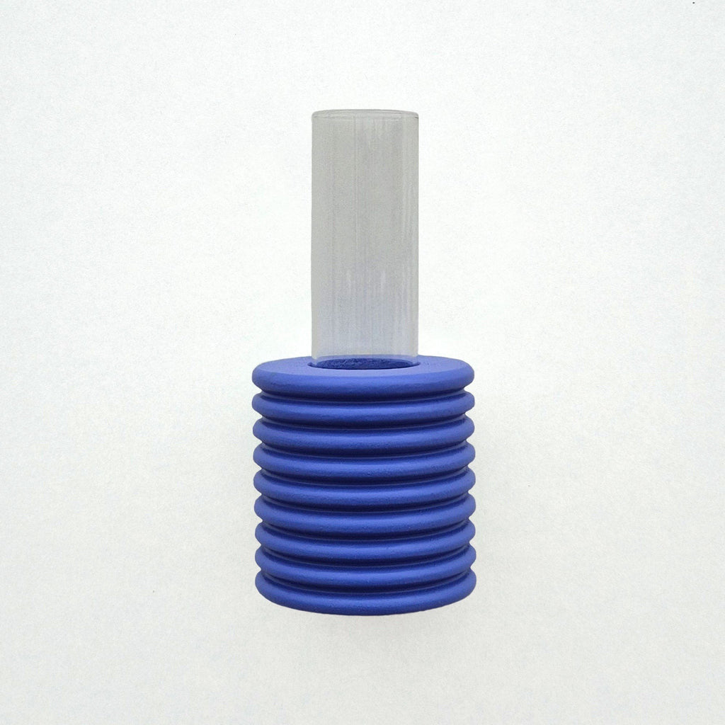 2. Studio shot of Ribble Wall Vase in blue by 5mm Paper, highlighting beech wood and water-based paint