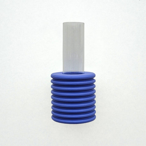 2. Studio shot of Ribble Wall Vase in blue by 5mm Paper, highlighting beech wood and water-based paint