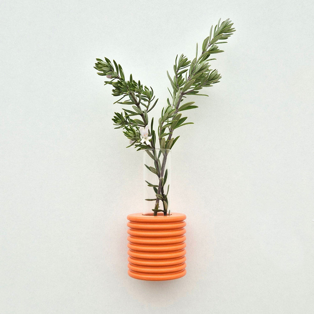 4. Studio image of Ribble Wall Vase in orange with greenery, highlighting beech wood and paint finish