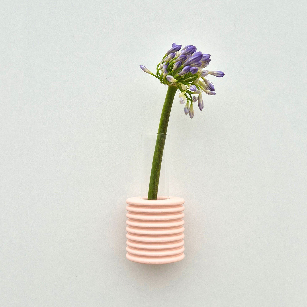 1. Ribble Wall Vase in pink by 5mm Paper with purple flower, showcasing playful design and natural beech wood finish