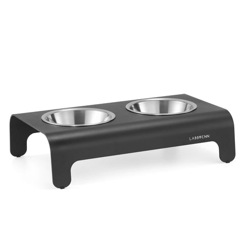 2. Black Labbvenn Rico pet feeder with dual stainless steel bowls on a sleek aluminum base, shown in studio setting highlighting modern design