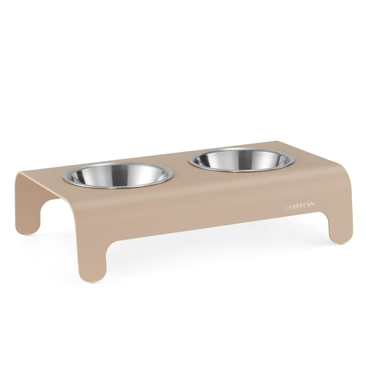 2. Labbvenn Rico pet feeder in matte mokka color with two stainless steel bowls on an aluminum base, shown in a studio setting highlighting its sleek design
